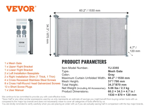 VEVOR retractable baby gate, 60.2" x 34.3", gray mesh, installation brackets and screws included.