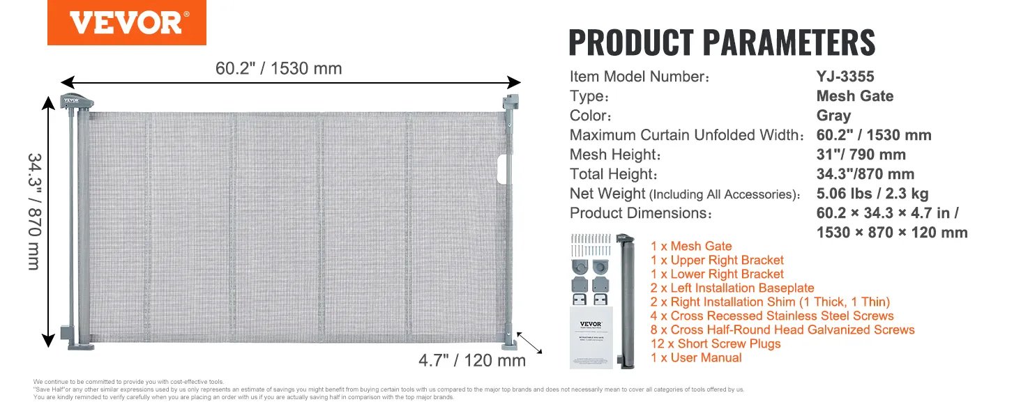 VEVOR retractable baby gate, 60.2" x 34.3", gray mesh, installation brackets and screws included.