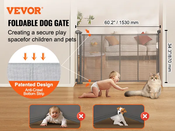 VEVOR retractable baby gate ensuring child and pet safety with foldable design and anti-crawl bottom strip.