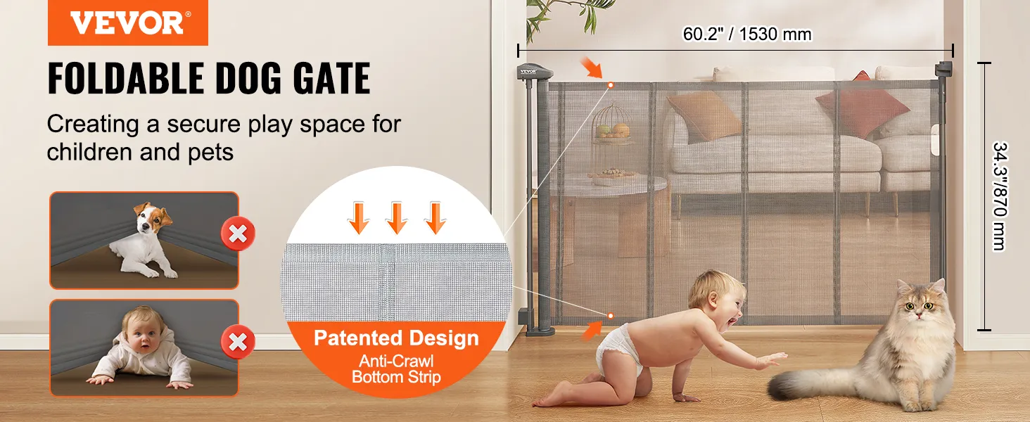 VEVOR retractable baby gate ensuring child and pet safety with foldable design and anti-crawl bottom strip.