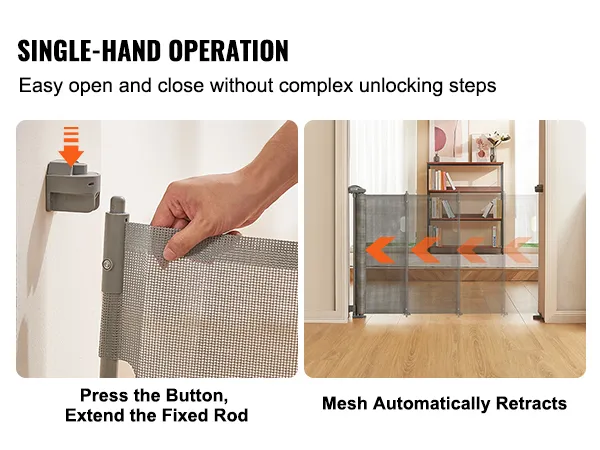 single-hand operation showing easy button press and auto-retracting mesh on VEVOR retractable baby gate.