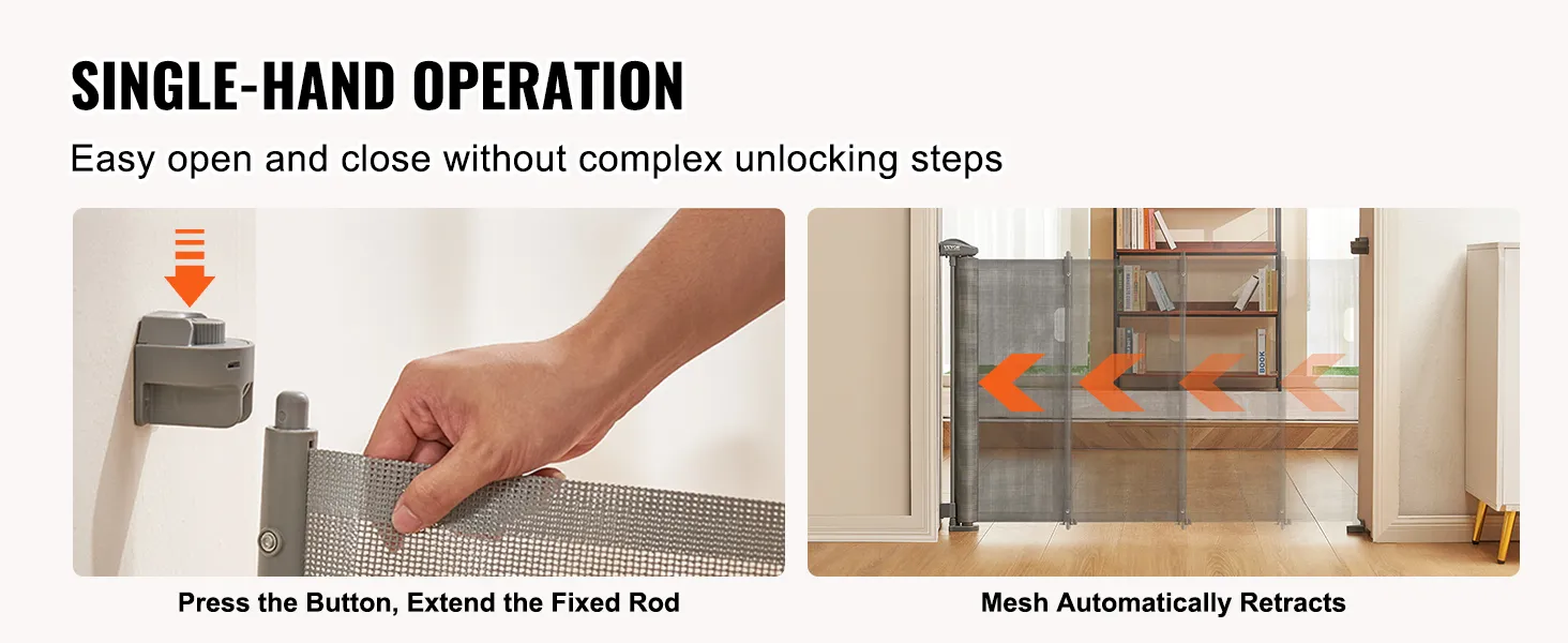 single-hand operation showing easy button press and auto-retracting mesh on VEVOR retractable baby gate.