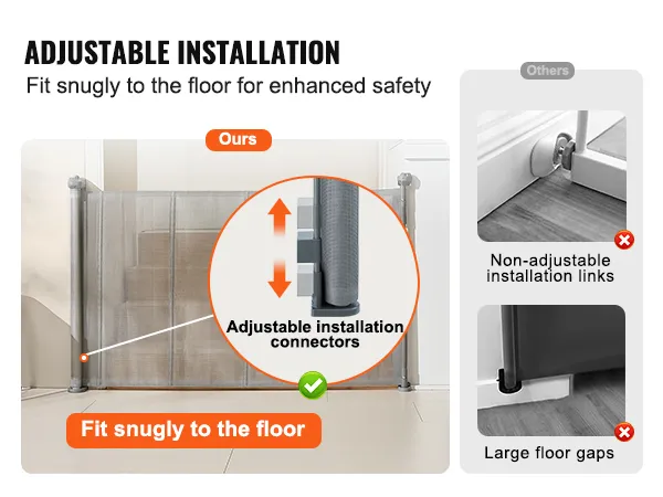 adjustable installation of a VEVOR retractable baby gate, fitting snugly to the floor for enhanced safety.