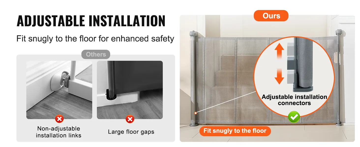 adjustable installation of a VEVOR retractable baby gate, fitting snugly to the floor for enhanced safety.