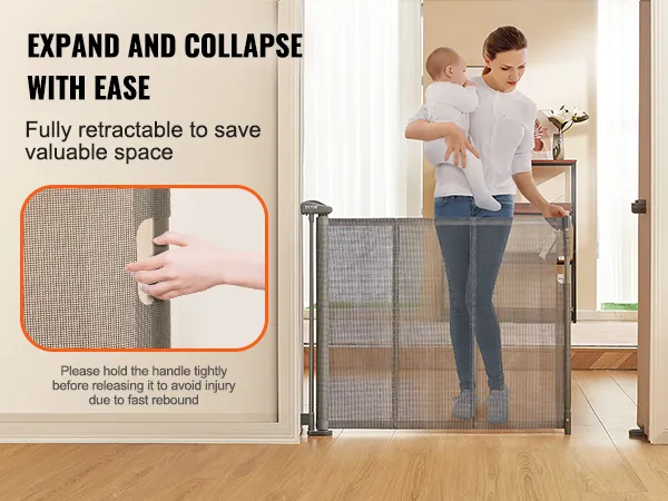 VEVOR retractable baby gate in a doorway, showcasing extension and easy space-saving collapse.
