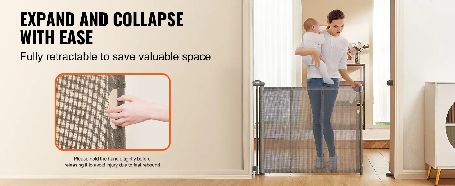 VEVOR retractable baby gate in a doorway, showcasing extension and easy space-saving collapse.