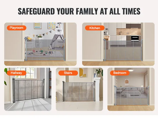 VEVOR retractable baby gate installed in playroom, kitchen, hallway, stairs, and bedroom.