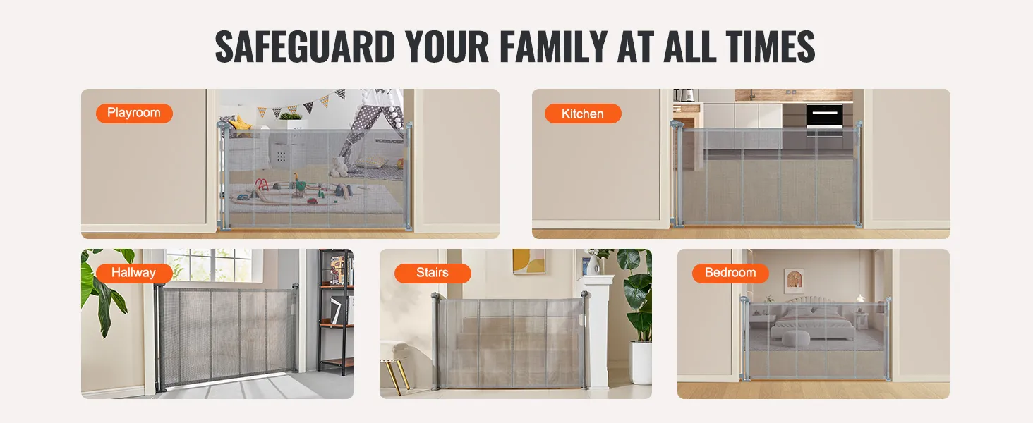 VEVOR retractable baby gate installed in playroom, kitchen, hallway, stairs, and bedroom.