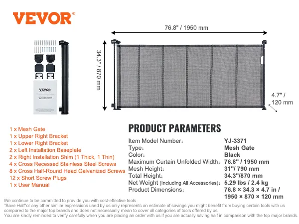 VEVOR retractable baby gate black mesh gate with dimensions and components list.
