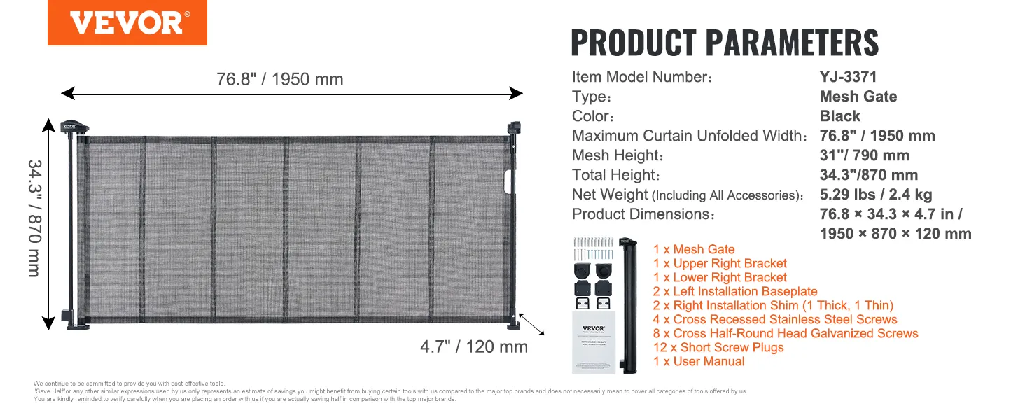 VEVOR retractable baby gate black mesh gate with dimensions and components list.