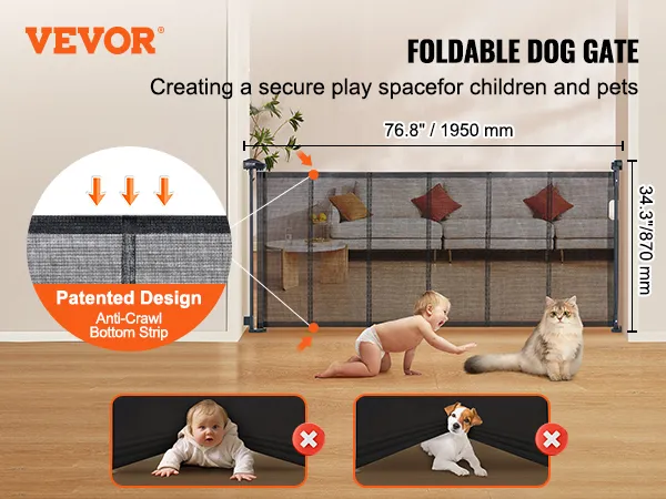 VEVOR retractable baby gate: foldable design, anti-crawl bottom strip, secures children and pets.