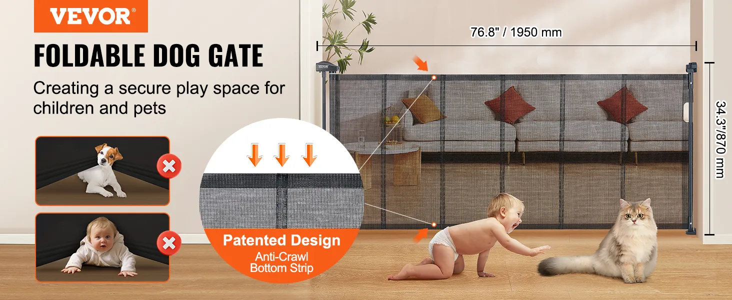 VEVOR retractable baby gate: foldable design, anti-crawl bottom strip, secures children and pets.