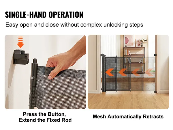 single-hand operation of VEVOR retractable baby gate showing easy open, close, and automatic retraction.