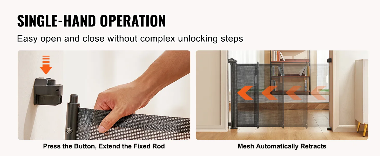 single-hand operation of VEVOR retractable baby gate showing easy open, close, and automatic retraction.