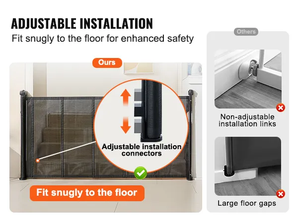 VEVOR retractable baby gate with adjustable installation connectors for snug fit to the floor.