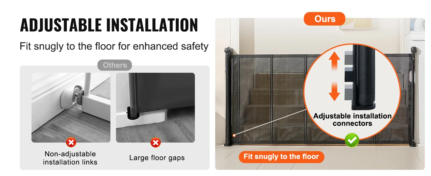 VEVOR retractable baby gate with adjustable installation connectors for snug fit to the floor.