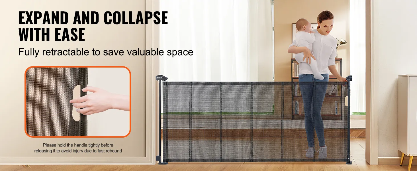 VEVOR retractable baby gate, easy to expand and collapse, fully retractable to save valuable space.