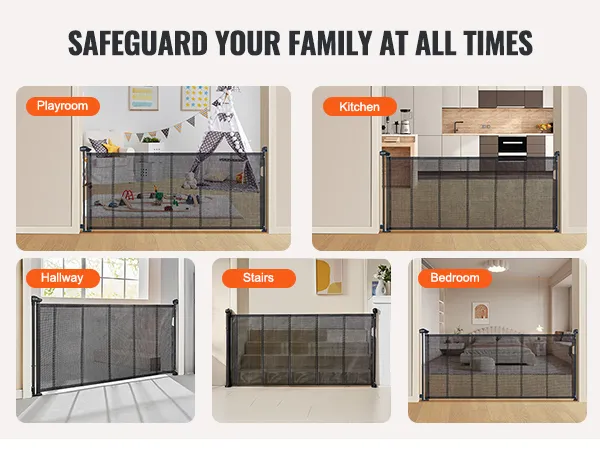 VEVOR retractable baby gate securing playroom, kitchen, hallway, stairs, and bedroom. safeguard your family.