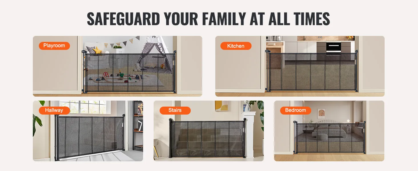 VEVOR retractable baby gate securing playroom, kitchen, hallway, stairs, and bedroom. safeguard your family.