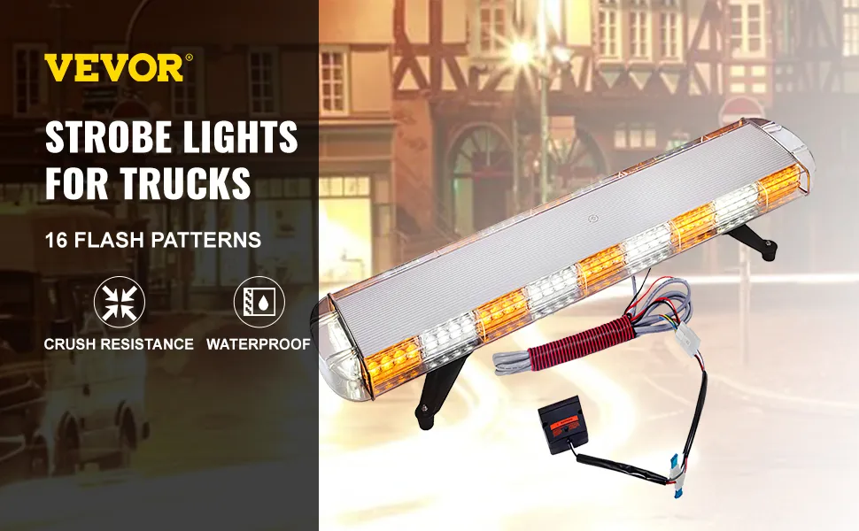 Barra de luz estroboscópica VEVOR para camiones con 16 patrones de destello, resistente al agua y al aplastamiento.