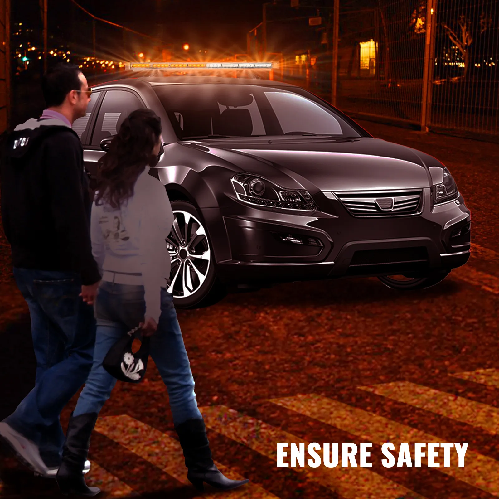 Escena nocturna con un automóvil equipado con una barra de luz estroboscópica VEVOR y peatones cruzando.