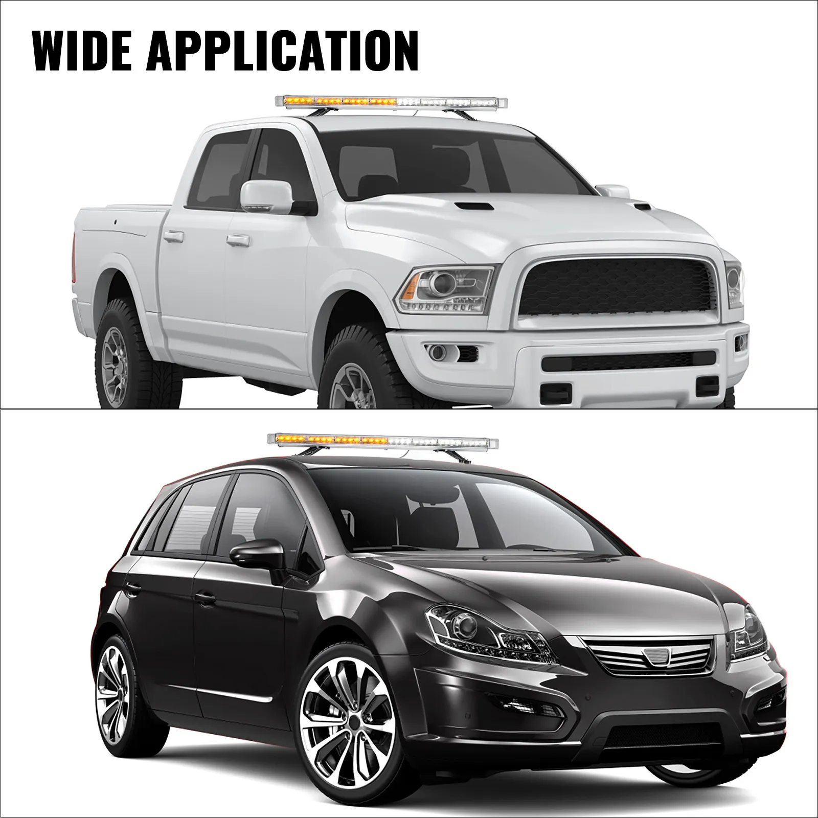 Barra de luz estroboscópica VEVOR en un camión blanco y un automóvil negro que muestra una amplia aplicación.