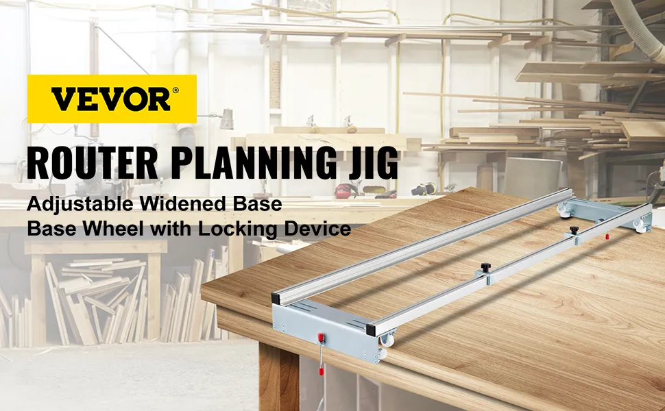 Trineo de enrutador VEVOR con base ensanchada ajustable en un taller de carpintería.
