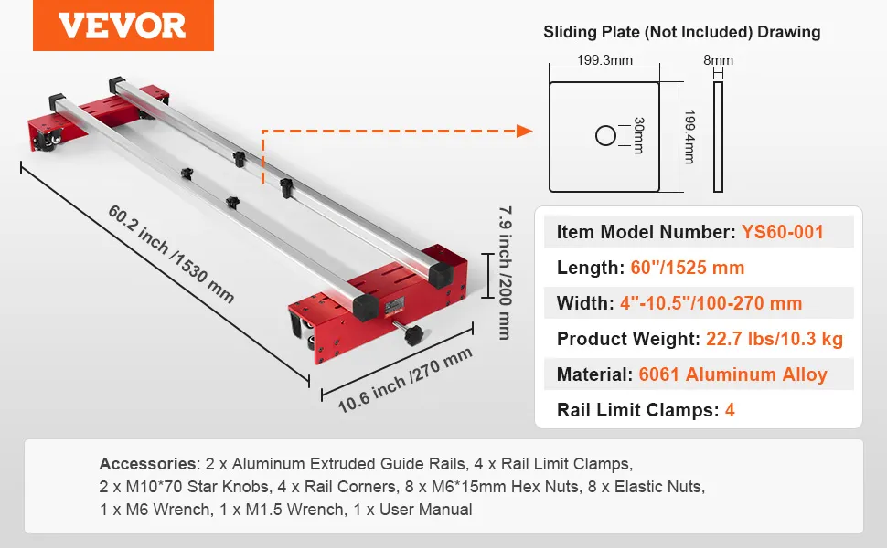 VEVOR router sled, model ys60-001, includes aluminum rails and clamps with specified dimensions and accessories.