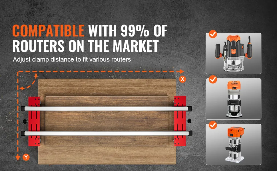 VEVOR router sled compatible with 99% of routers, adjustable clamp distance for various routers.