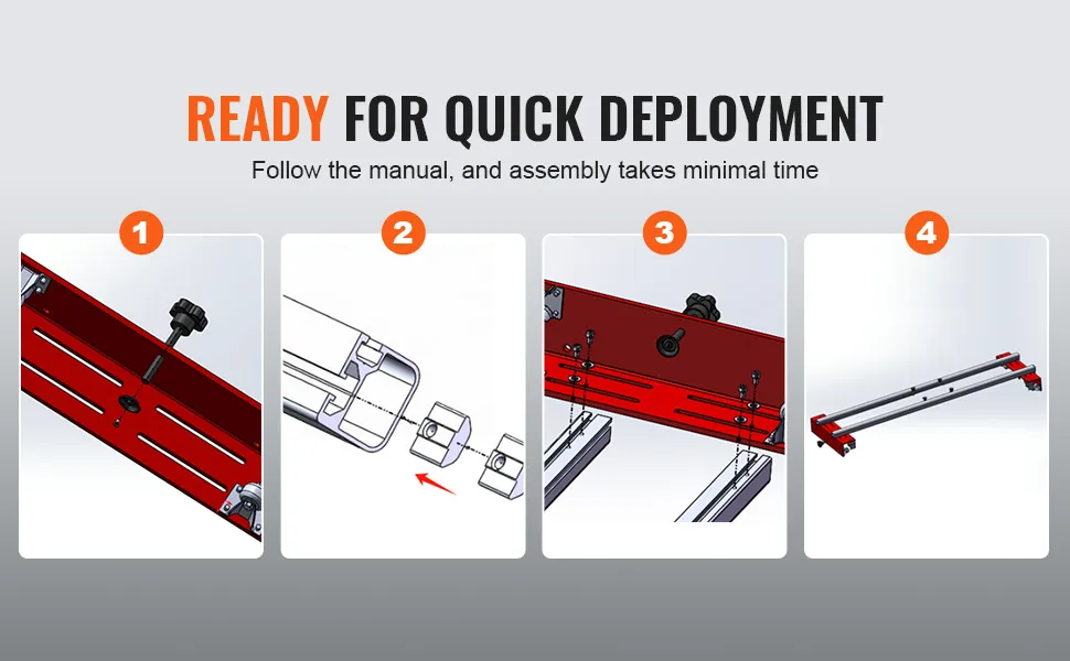 ready for quick deployment of VEVOR router sled, with step-by-step assembly guide in four stages.