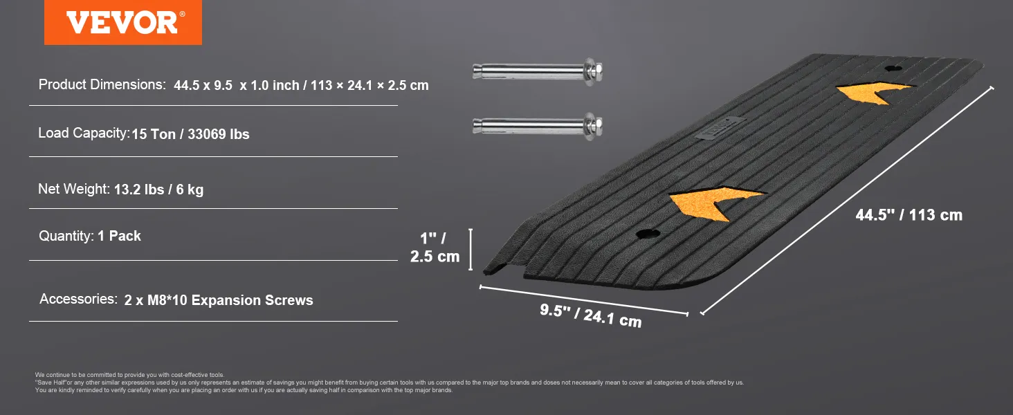 VEVOR rubber threshold ramp, 44.5x9.5x1.0 inch, 15 ton load, includes m8 expansion screws.