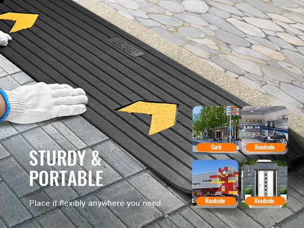 hands placing the VEVOR rubber threshold ramp with "sturdy & portable" text and placement examples.