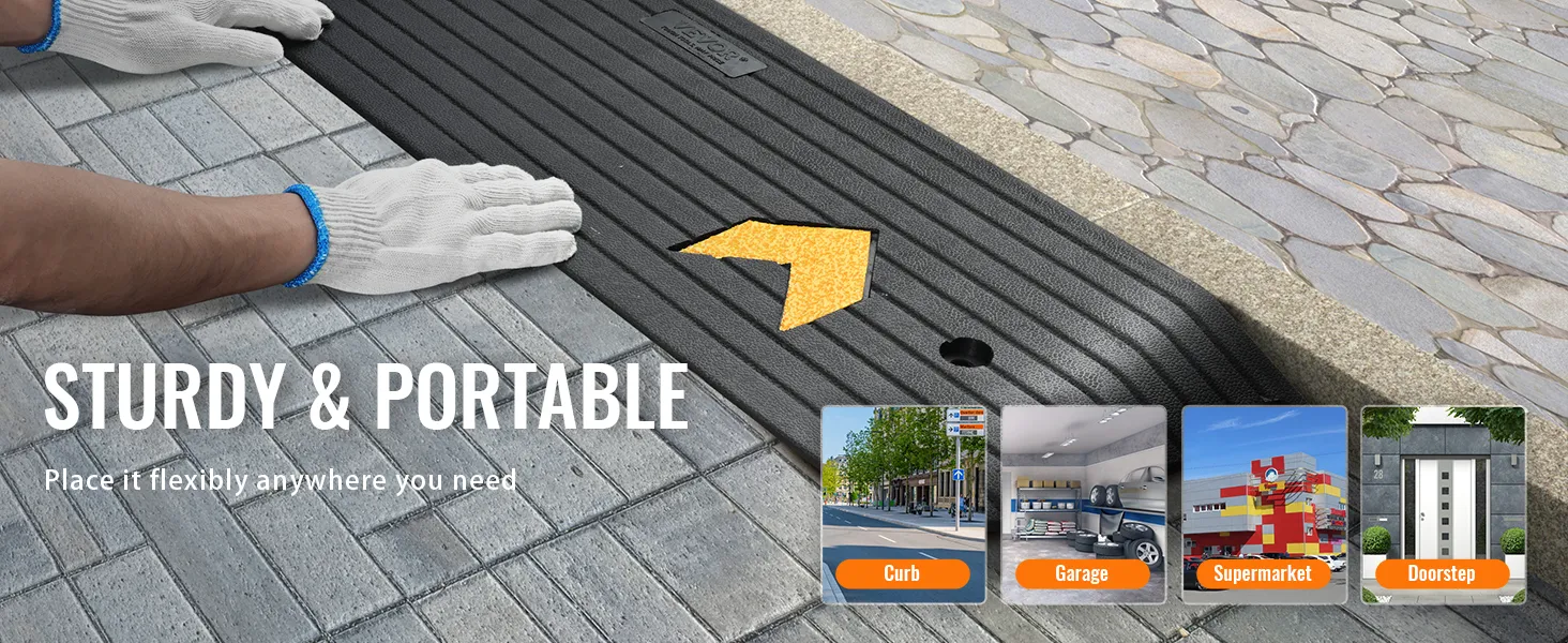 hands placing the VEVOR rubber threshold ramp with "sturdy & portable" text and placement examples.