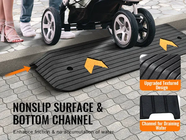 VEVOR rubber threshold ramp with nonslip surface and bottom channel for drainage, enhances friction.