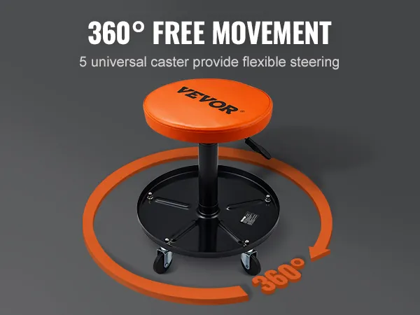 Sedile meccanico VEVOR, seduta imbottita arancione, 5 ruote girevoli per un movimento flessibile a 360°.