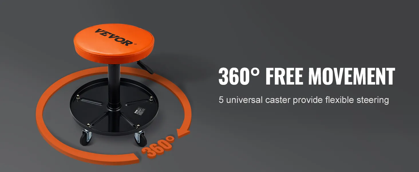 Sedile meccanico VEVOR, seduta imbottita arancione, 5 ruote girevoli per un movimento flessibile a 360°.