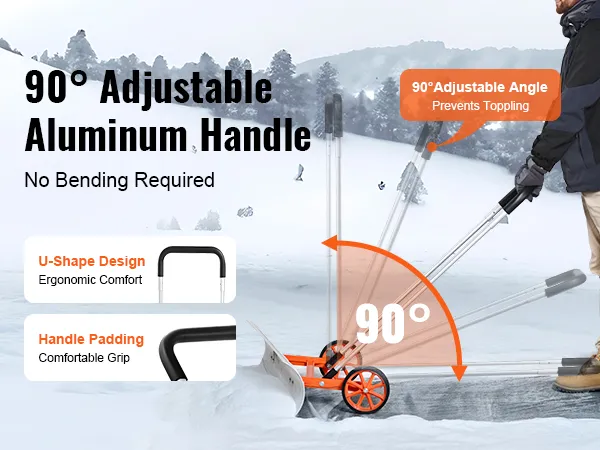 Pala de nieve VEVOR con mango de aluminio ajustable a 90 grados, diseño en forma de U y mango acolchado.