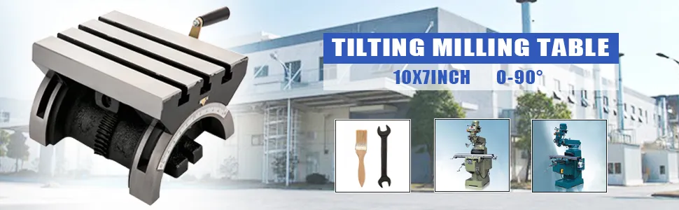 VEVOR tilting milling machine with tools and control range 0-90° in front of a factory