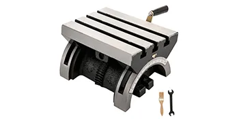VEVOR tilting milling table with adjustment handle and two tools.