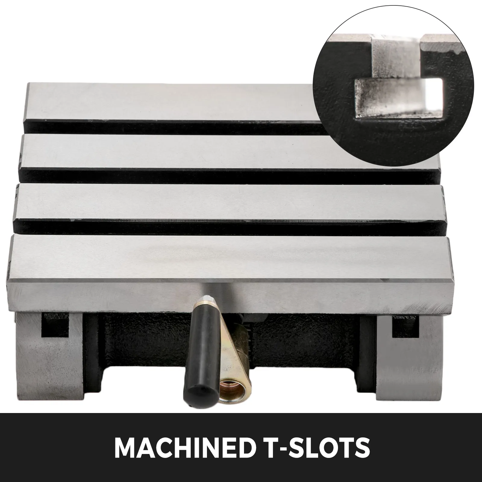 VEVOR tilting milling table with machined t-slots and a sturdy adjustment handle.