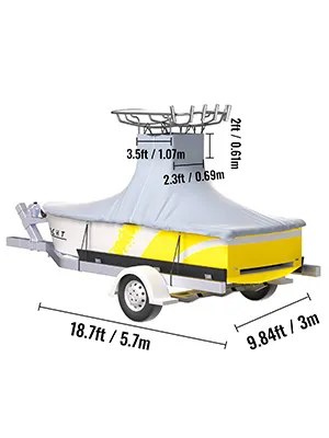 Funda para embarcación tipo T de VEVOR que protege una embarcación montada en un remolque, con etiquetas de dimensiones.