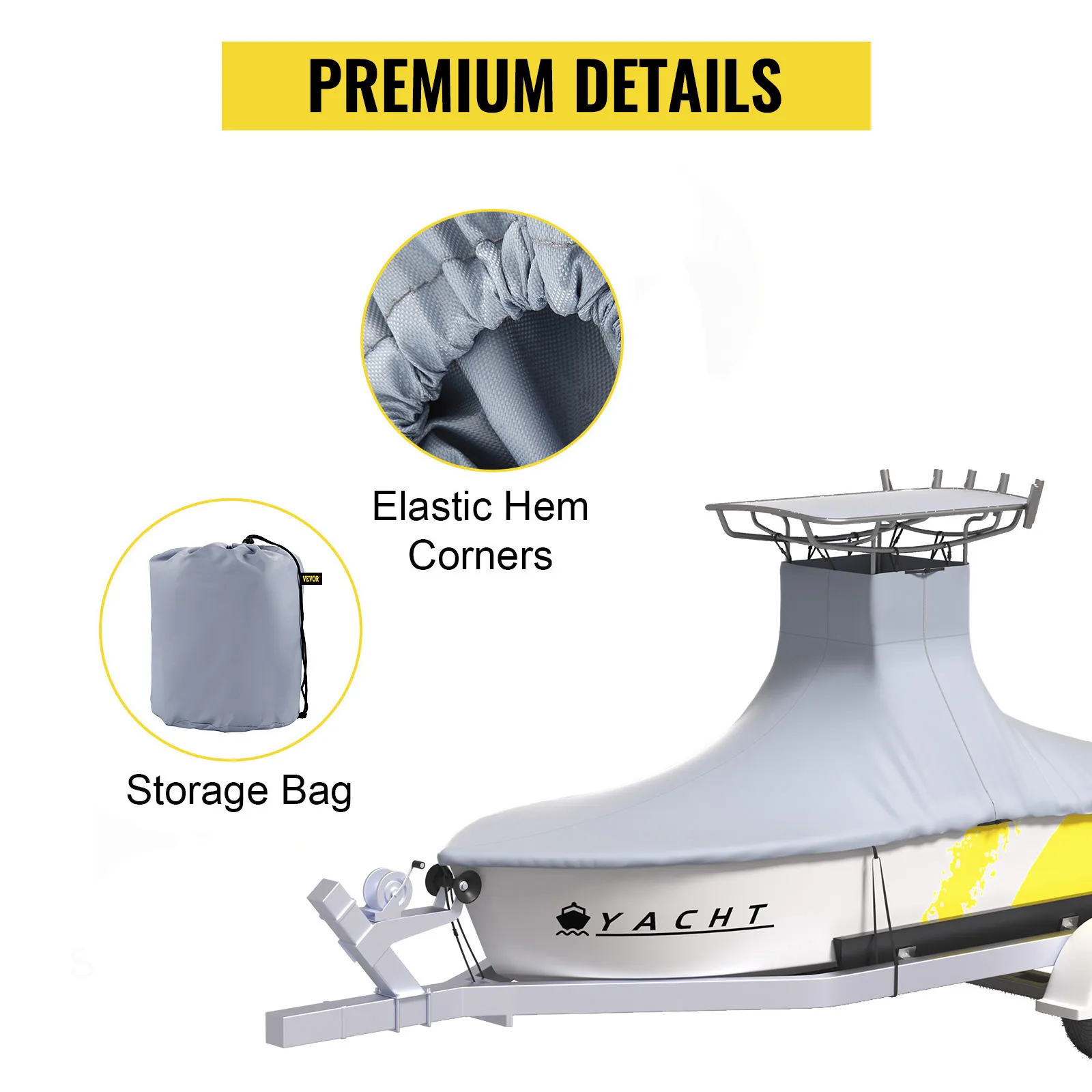 Funda para barco VEVOR T-top con esquinas con dobladillo elástico y bolsa de almacenamiento, detalles prémium.