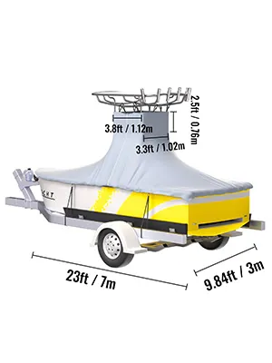 Funda para embarcación VEVOR tipo T-Top sobre remolque, con dimensiones y detalles en amarillo, 23 pies de largo.