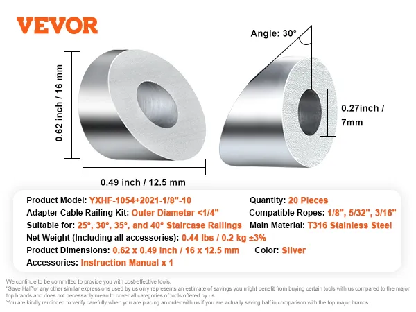 VEVOR cable railing kit, 20 pieces, t316 stainless steel, 0.62 x 0.49 inch, suitable for various angles.