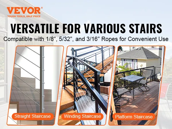VEVOR cable railing kit for straight, winding, and platform staircases, compatible with various ropes.