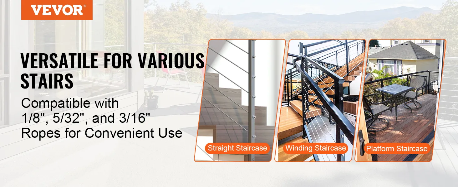 VEVOR cable railing kit for straight, winding, and platform staircases, compatible with various ropes.