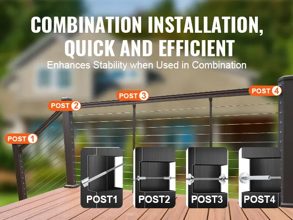 VEVOR cable railing kit with labeled posts for quick, efficient combination installation and enhanced stability.