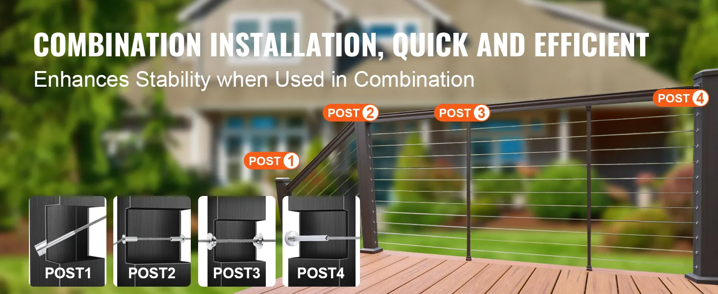 VEVOR cable railing kit with labeled posts for quick, efficient combination installation and enhanced stability.