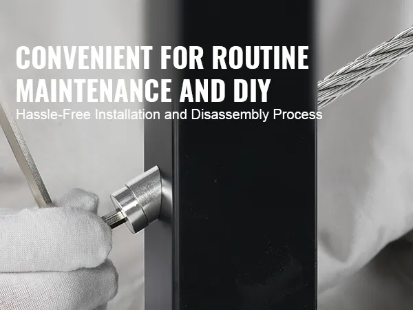 gloved hands installing VEVOR cable railing kit with text highlighting convenient maintenance and diy.