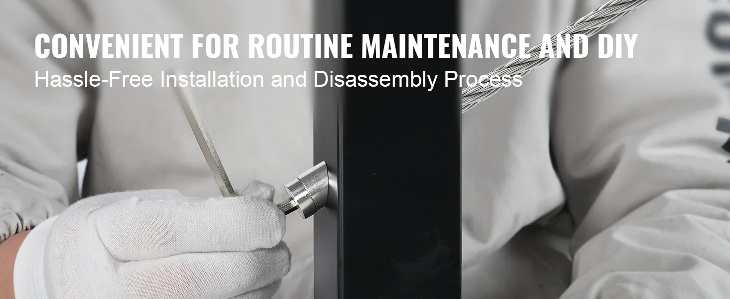 gloved hands installing VEVOR cable railing kit with text highlighting convenient maintenance and diy.